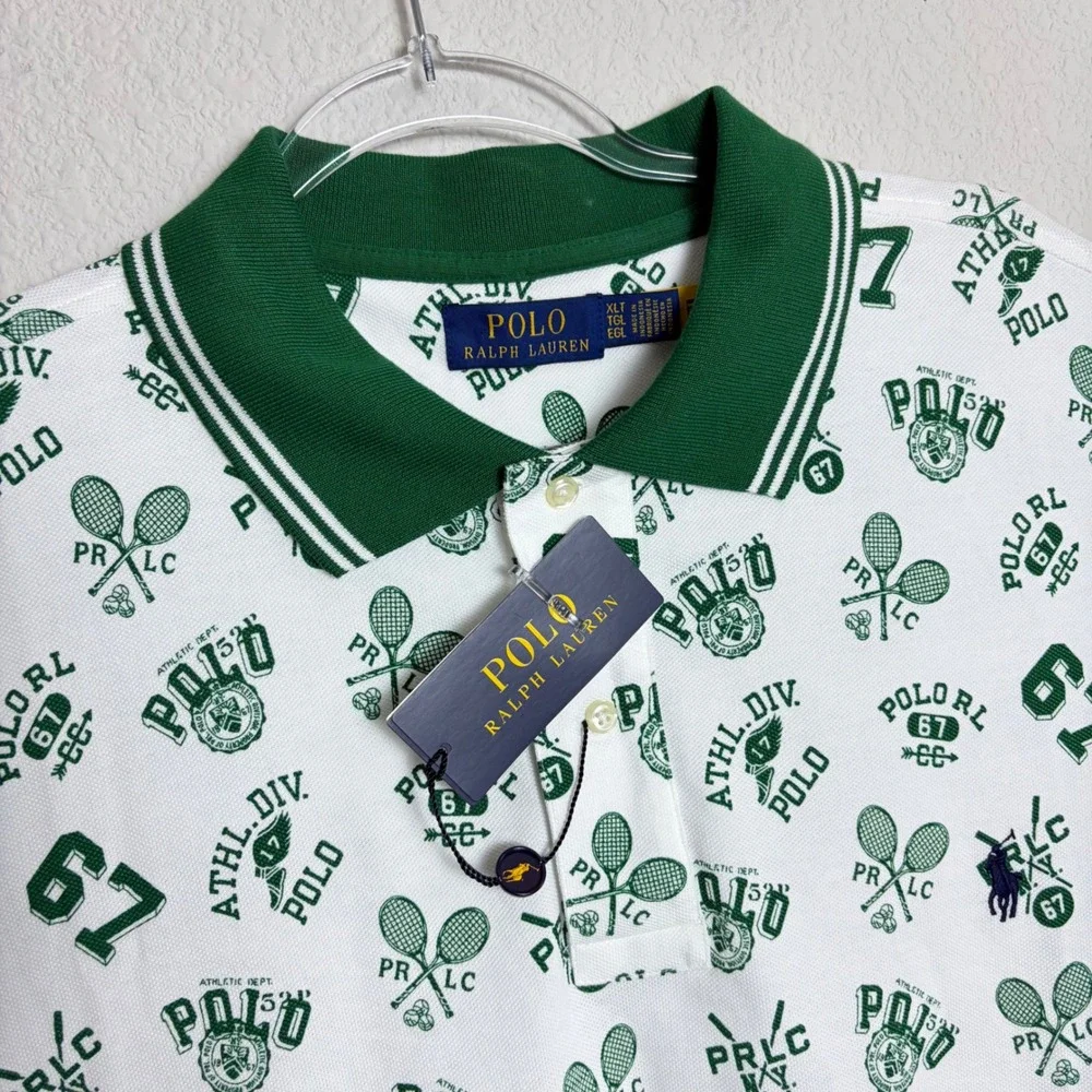 NEW Polo Ralph Lauren Mens XLT TALL White Green Tennis Graphic Print Polo Shirt